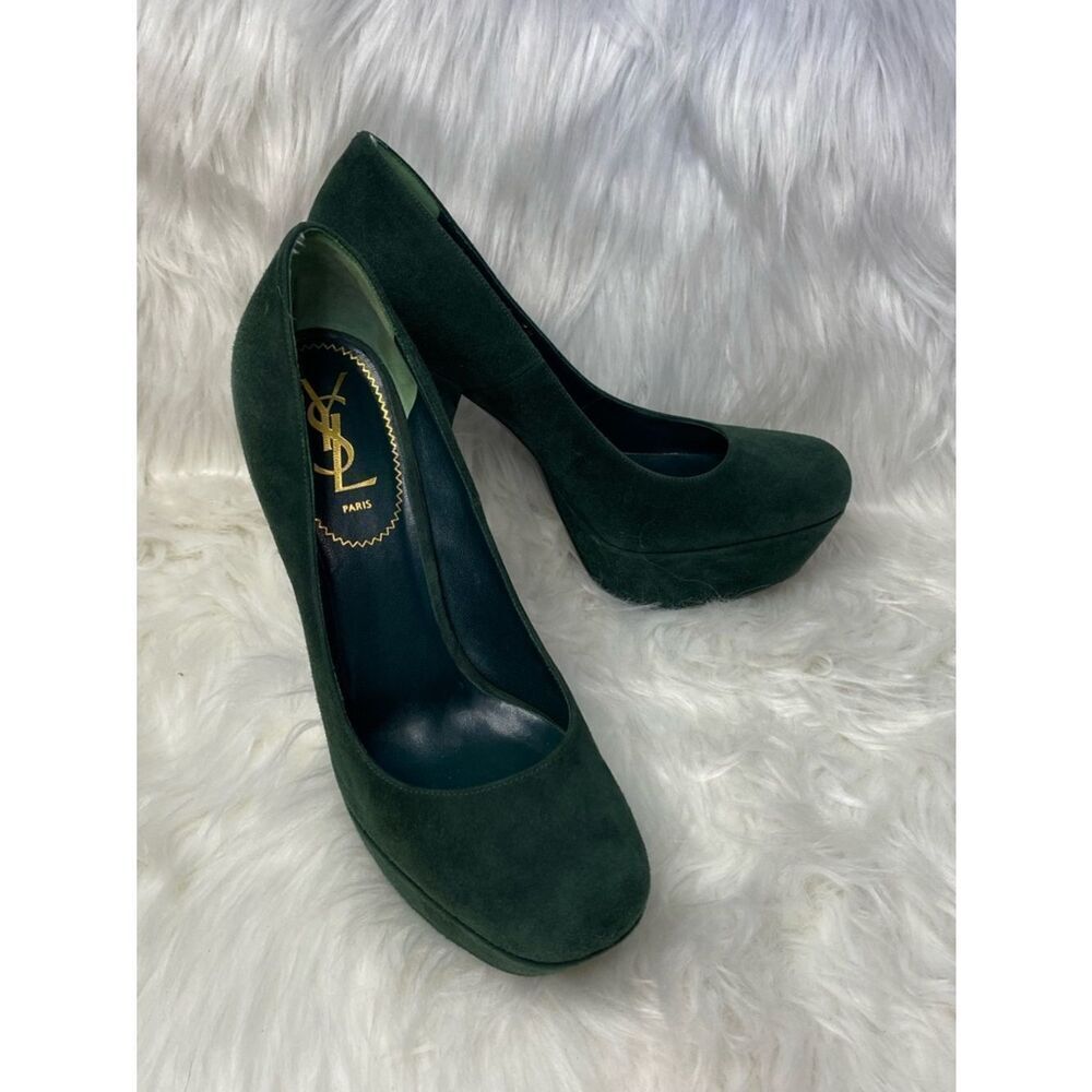 Yves Saint Laurent Tribtoo 80 Platform Heels in Emerald Green Suede. Authentic.